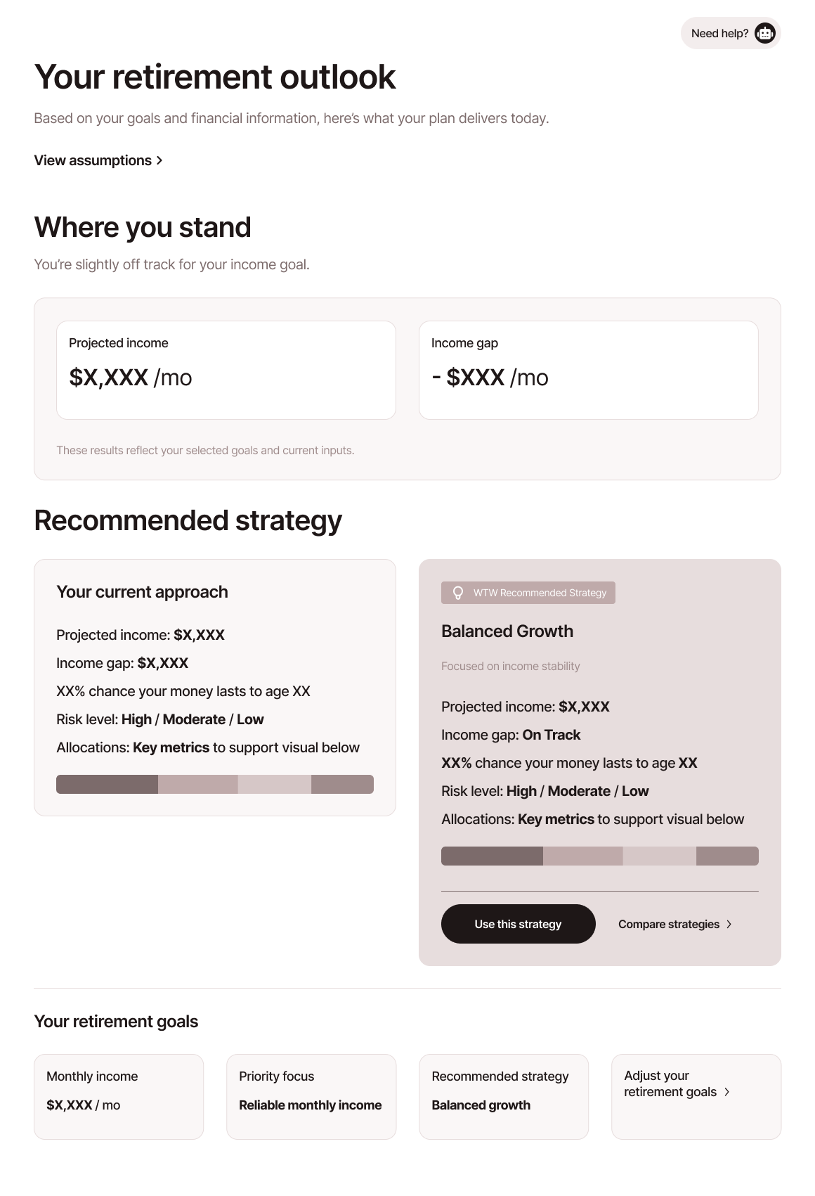 Side-by-side comparison of the current retirement approach against alternative strategies