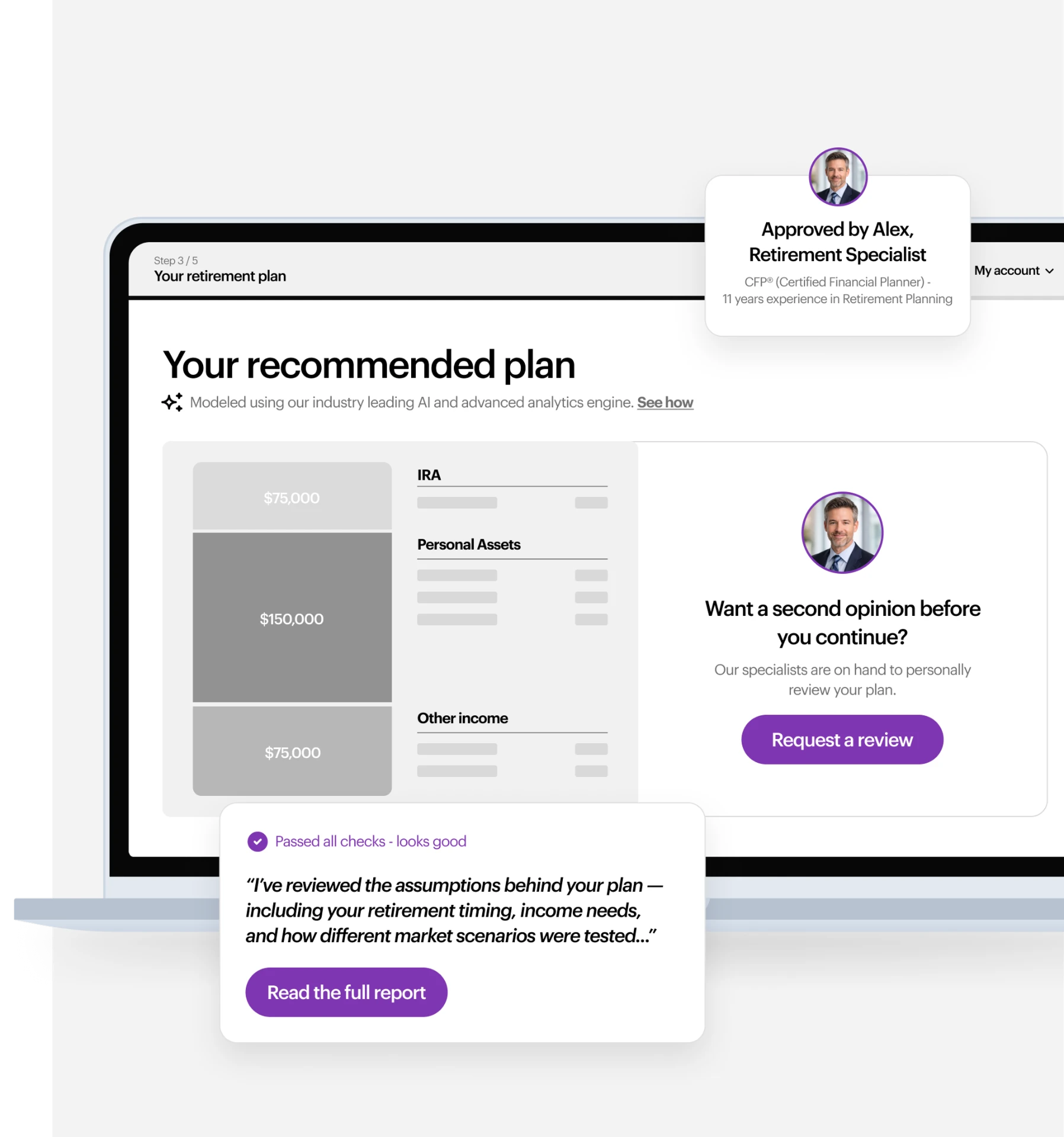 Recommended plan screen with an option to request a specialist review
