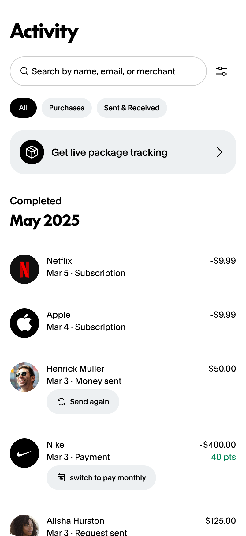 The Activity screen: search, filters for purchases and sent or received, live package tracking, and a completed transaction list for May 2025.
