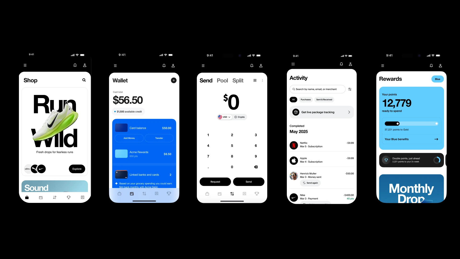 End-to-end product coherence: Shop, Wallet, Send, Activity, and Rewards screens sharing one navigation, type, and component system.