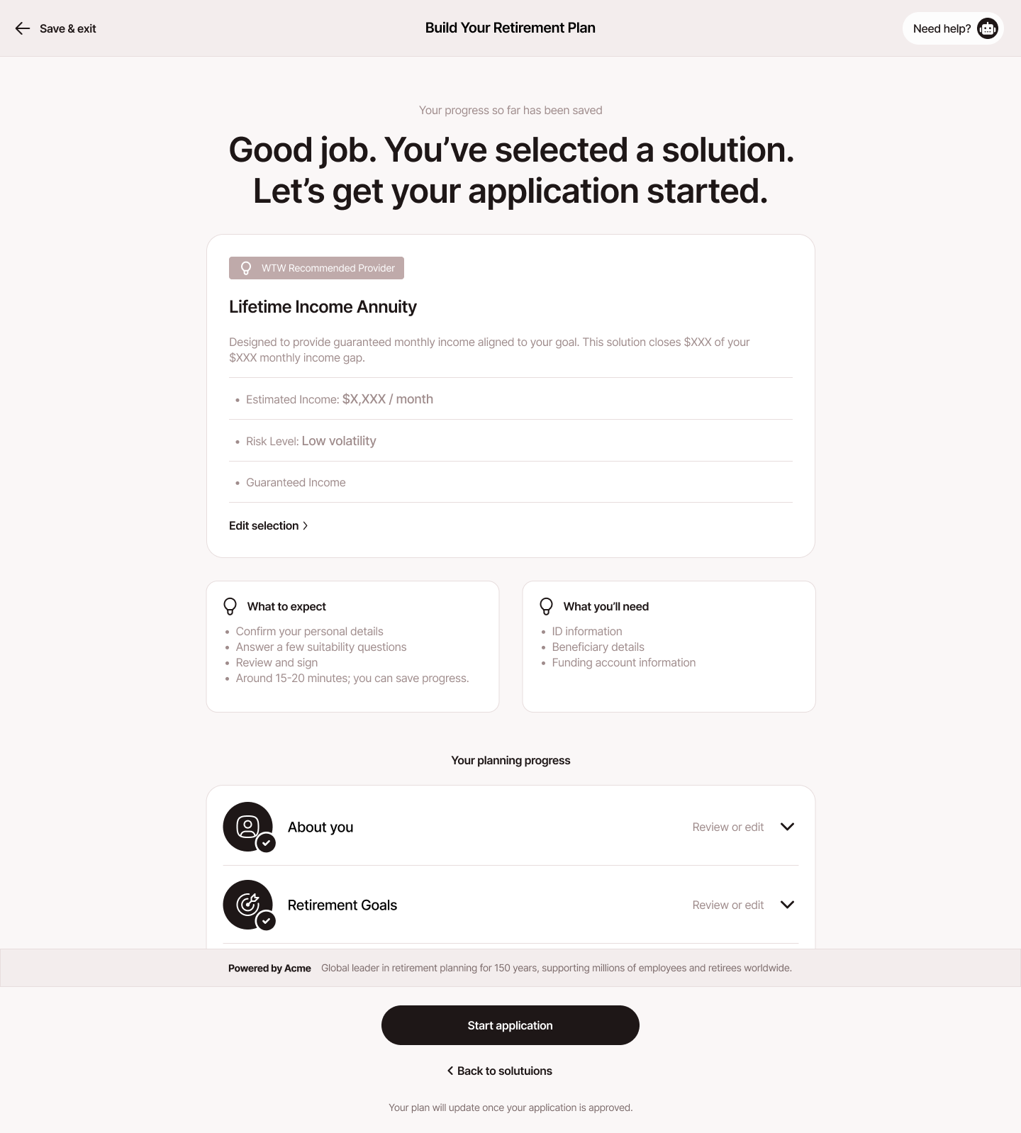 Application checkpoint screen summarizing the strategy before the product marketplace