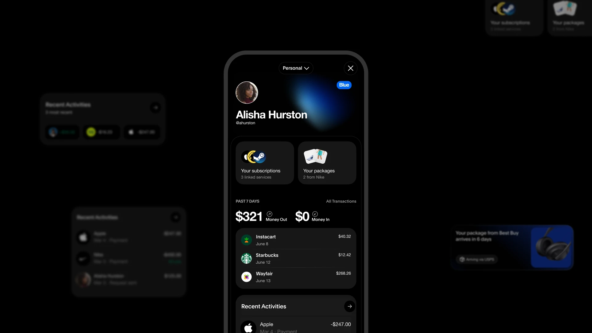 Control Center artifact: a profile panel with subscriptions, packages, recent activity, and supporting notification surfaces.
