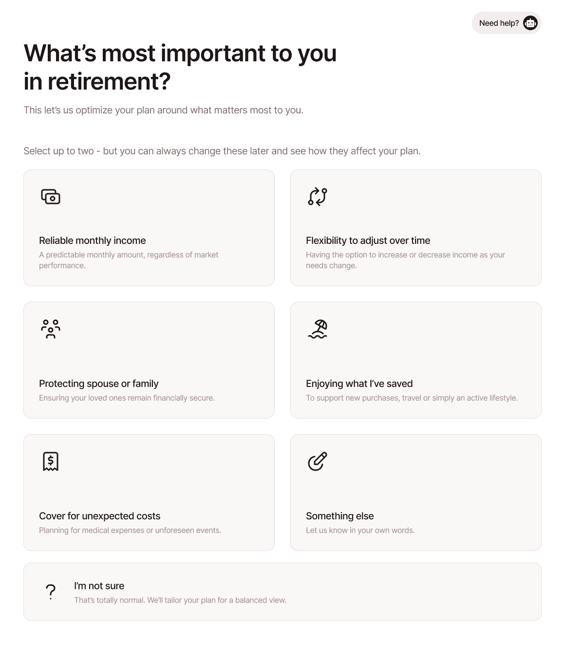 Retirement priority selection cards in the planning experience